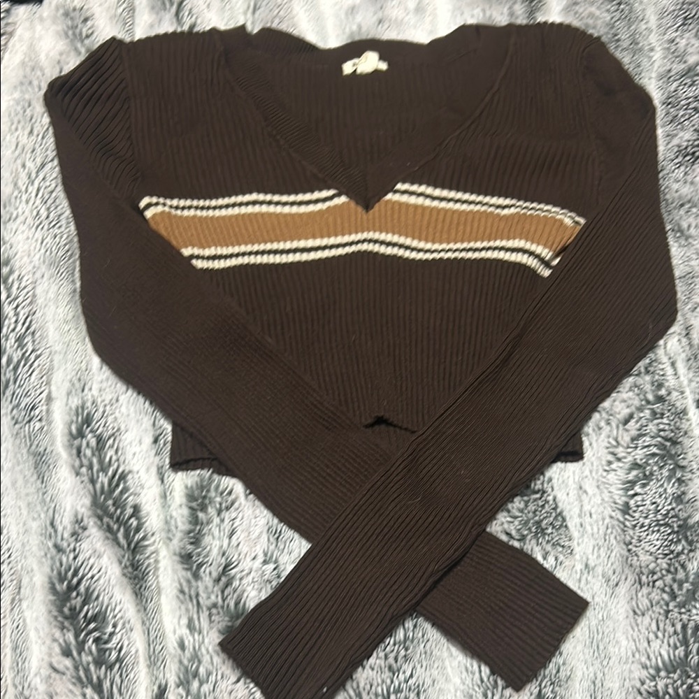 Brown V-Neck Sweater with Stripes
